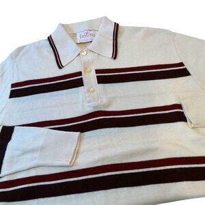 Jantzen Vintage Striped Long Sleeve‎ Knit Polo Shirt Men's Size L Cream Burgundy